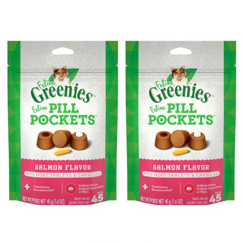 【お得な2個セット】GREENIES FELINE Pill Pockets Cat Treats, Salmon Flavor 1.6oz / グリニーズ ピルポケット 猫用 投薬補助 タブレット・カプセル用 [サーモン味] 45g（約45個入り） 薬が苦手なネコちゃんに