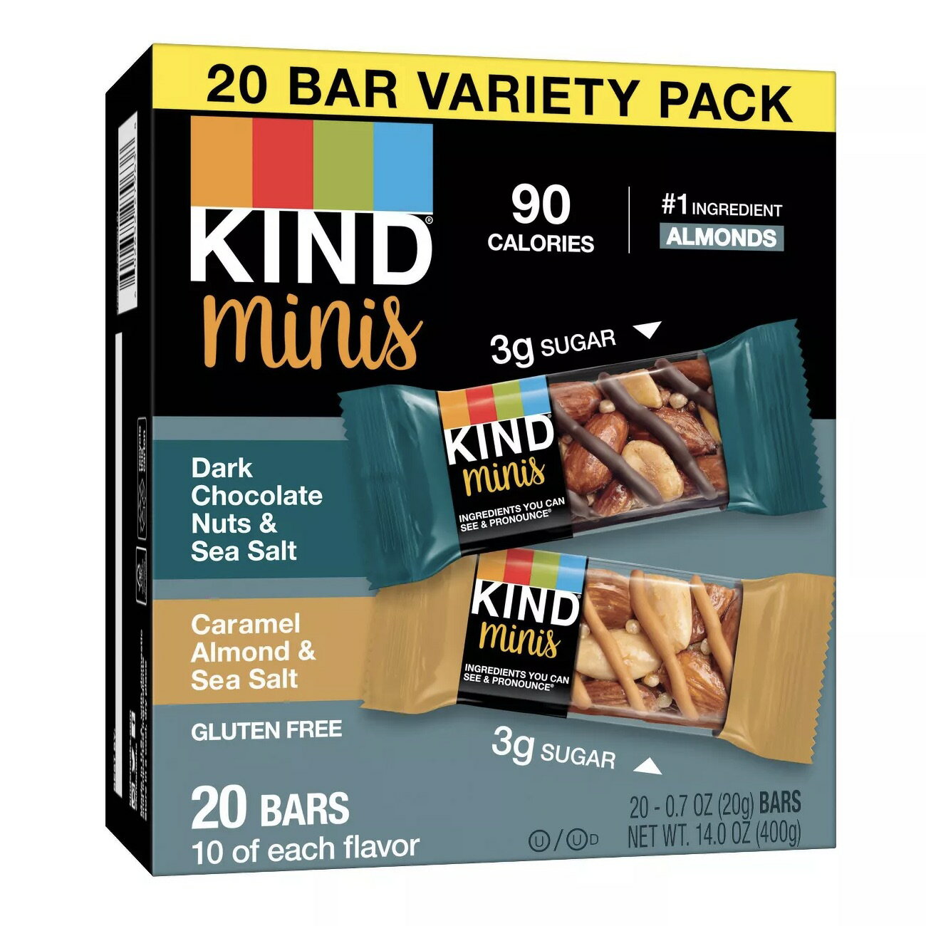 KIND Minis Dark Chocolate & Caramel Almond 20ct / カインド ミニ ナッツバー 20個入り [ダークチョコレートナッツ & シーソルト、キャラメルアーモンド & シーソルト 各10個]