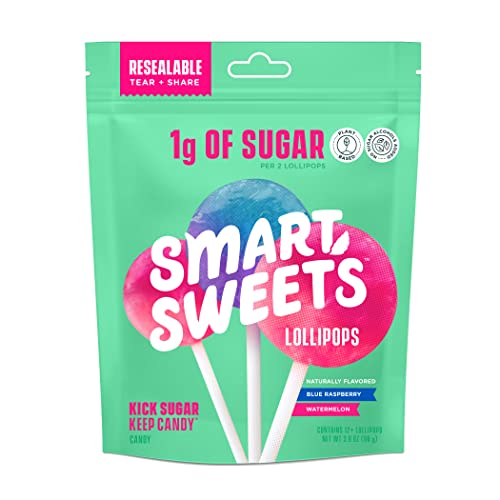 SmartSweetsロリポップ、ブルーラズベリー＆スイカ、低糖のハードキャンディー（1g）、低カロリー（60）、人工甘味料なし 3オンス