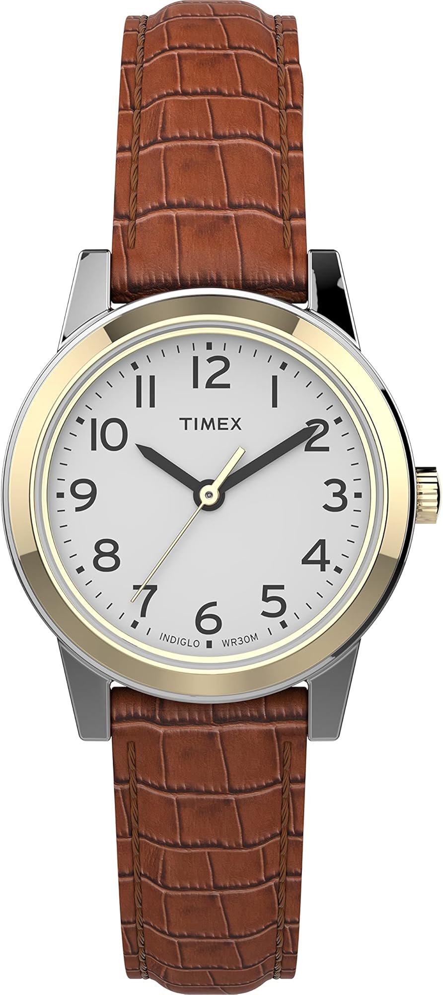 Timex レディース Essex Avenue 25mm ウォッチ – ツートンカラーケースホワイトダイヤル、ブラウンレザーストラップ