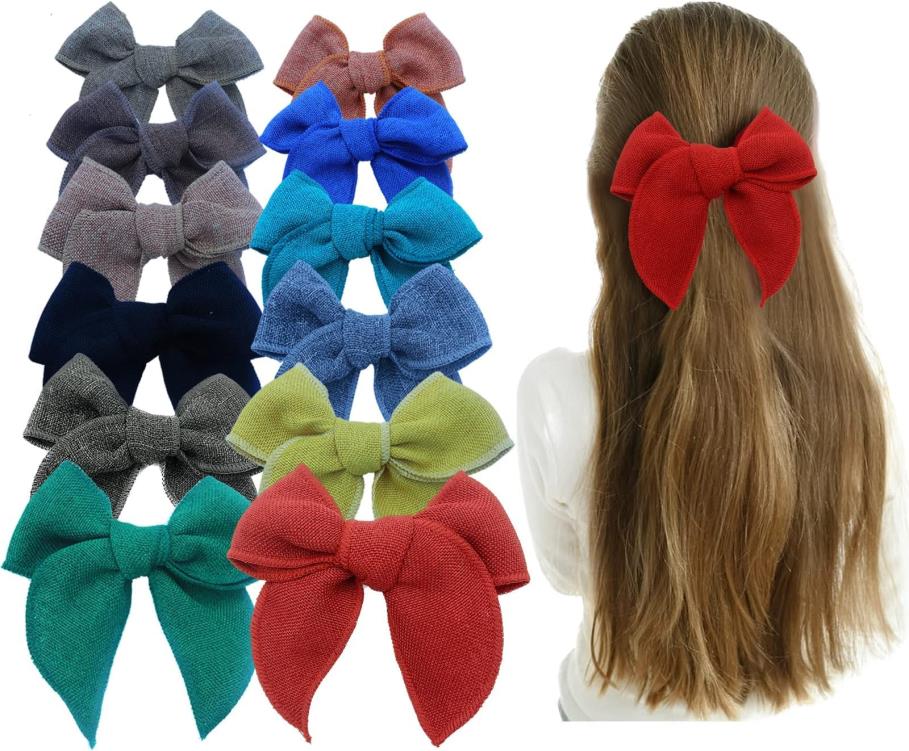 Tkuhyan Big Fable Girl Hair Bows -12PCS手作りのニュートラルリネンヘアボウリトル4-6幼児の女の子のアリゲーターヘアクリップ、12色、(5inch)