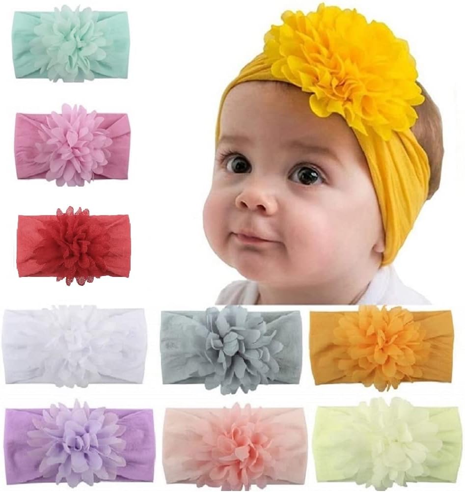 aychlg badegars nylon headbands 9pcs、chiffon flowers新生児幼児のヘアバンドと子供のヘアアクセサリー(Multicolored-9pcs)