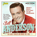 2017/2/17 発売UK盤レーベル：IMPORTS収録曲：Both as a singer and a songwriter, the unique Bill Anderson has been a giant of country music for seven decades. He is one of country's few major artists from the 1950s who are still alive, well and working in the second decade of the 21st century. Bill's songs have provided hits for dozens of his fellow country music artists - and continue to do so to this day. Bill also wrote more than 70 of the 80 country chart hits that he racked up between 1958 and 1971 - over 2/3 of which reached the Top 10. The early years of his career as both a singer and songwriter are highlighted in this new Jasmine collection, which features every recording that 'Whisperin' Bill' (so named for his quiet, introspective singing and recitations) cut between 1958 and the end of 1962. In that time he scored eight Top 20 hits, including the original version of his much-recorded 'The Tip Of My Fingers', his 'signature song' 'Po' Folks' and his first # 1 (and first Pop chart entry) 'Mama Sang A Song', and released his first album - all presented for your pleasure in this exceptional CD. By the end of the decade and the start of the next one his records were consistently hitting the Country Top 5. However these are the tracks that established Bill Anderson as a force to be reckoned with in country music - something that he continues to be at the age of almost 80.