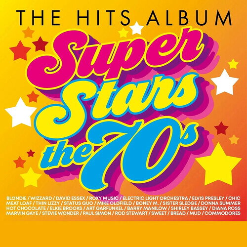 2026/1/23 発売UK盤レーベル：SONY UK収録曲：There's something for every music fan on The Hits Album: Superstars - The 70's, a set featuring 66 superb songs, taking in Classic Rock, Disco, Glam, New Wave, Prog, Punk, Rock 'n' Roll, and Soul. Catchy lyrics, memorable melodies and timeless tunes were the order of the day, from amazing acts with fresh and original style, who had hit after hit. On these discs you'll find skilled songwriters and charismatic performers who made the decade a truly exciting era, some of whom continue to light up the charts 50 years later. Among the hits you'll find the UK No. 1 singles from superstars like Rod Stewart ('Maggie May'), Elvis Presley ('Way Down'), Art Garfunkel ('I Only Have Eyes For You'), Blondie ('Sunday Girl'), and David Essex ('Gonna Make You A Star'). We've also got songs that topped the US chart for headline acts like Diana Ross ('Ain't No Mountain High Enough'), Barry White ('Can't Get Enough Of Your Love, Babe'), the Jackson 5 ('I Want You Back'), and Commodores ('Still'). Marketing activity.