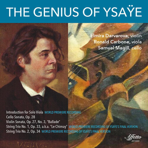 発売日: 2022/7/15輸入盤USレーベル: Affetto Records収録曲:コメント:"THE GENIUS OF YSA?E" presents several masterpieces by the legendary Belgian violinist and composer Eugene Ysaye (1858-1931), including three world premiere recordings - the first recording of his recently discovered Introduction for Solo Viola, as well as the world premiere recordings of Ysaye's final versions of his Two String Trios for violin, viola and cello (Op. 33 and Op. 34). Ysaye's marvelous Sonata for Solo Cello, Op. 28 is also among the gems on this album, in addition to his most wellknown masterpiece - the "Ballade" (Sonata No. 3) from his Six Sonatas for Solo Violin Op. 27. The performers of this splendid album - violinist Elmira Darvarova, violist Ronald Carbone and cellist Samuel Magill - have been involved for years with Ysaye's String Trio No. 1, Op. 33, also known as "Le Chimay" (a work, hailed in the press as one of the greatest chamber music compositions of the 20th Century), and they presented it's New York premiere in 2008. After thoroughly studying and researching manuscripts and various editions of Ysaye's Trios, the artists came across the recently published editions of Ysaye's final versions of his Two String Trios for violin, viola and cello, Op 33 and Op. 34 - as revised and finalized by the composer. These magnificent works reflect the undiminished power of the immortal legacy of Eugene Ysaye as a genius musician whose extraordinary achievements as a superstar performer, teacher, ensemble leader, orchestra conductor, and composer spread beyond his time. This album brings superb interpretations of stunningly beautiful compositions, as a glorious tribute to one of the most brightly shining stars that ever graced the world of virtuoso artists - the incomparable Eugene Ysaye."THE GENIUS OF YSA?E" presents several masterpieces by the legendary Belgian violinist and composer Eugene Ysaye (1858-1931), including three world premiere recordings - the first recording of his recently discovered Introduction for Solo Viola, as well as the world premiere recordings of Ysaye's final versions of his Two String Trios for violin, viola and cello (Op. 33 and Op. 34). Ysaye's marvelous Sonata for Solo Cello, Op. 28 is also among the gems on this album, in addition to his most wellknown masterpiece - the "Ballade" (Sonata No. 3) from his Six Sonatas for Solo Violin Op. 27. The performers of this splendid album - violinist Elmira Darvarova, violist Ronald Carbone and cellist Samuel Magill - have been involved for years with Ysaye's String Trio No. 1, Op. 33, also known as "Le Chimay" (a work, hailed in the press as one of the greatest chamber music compositions of the 20th Century), and they presented it's New York premiere in 2008. After thoroughly studying and researching manuscripts and various editions of Ysaye's Trios, the artists came across the recently published editions of Ysaye's final versions of his Two String Trios for violin, viola and cello, Op 33 and Op. 34 - as revised and finalized by the composer. These magnificent works reflect the undiminished power of the immortal legacy of Eugene Ysaye as a genius musician whose extraordinary achievements as a superstar performer, teacher, ensemble leader, orchestra conductor, and composer spread beyond his time. This album brings superb interpretations of stunningly beautiful compositions, as a glorious tribute to one of the most brightly shining stars that ever graced the world of virtuoso artists - the incomparable Eugene Ysaye.