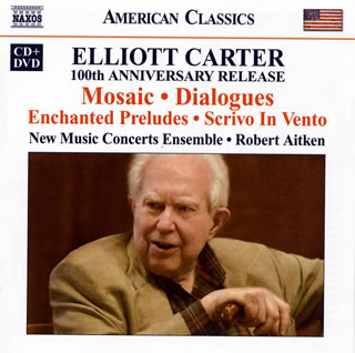 2008年12月に100歳を迎えた米国作曲界の重鎮・カーター翁の84〜2005年の10作品を収めた記念盤。書法的にはさすがにマルくなったが、テンションは往年とさして変わらないところが凄い。2006年収録のドキュメンタリーなどを入れた充実のDVDには、日本語字幕なし。(直)【品番】　8-559614【JAN】　4945604596145【発売日】　2009年02月25日【収録内容】●カーター:［1］(1)モザイク(2)風に書く(3)ゲーム(4)魔法にかけられた前奏曲(5)スティープ・ステップス(6)フィガメント第1番(7)4つの感謝第2番「ゴッフレード・ペトラッシへの感謝」(8)フィガメント第2番「アイヴズ氏への思い出」(9)4つの感謝第3番「ラプソディック・ミューシングス」(10)ダイアローグ［2］〈DVD〉(1)ドキュメンタリー「2006年，トロントのエリオット・カーター」〜録音風景/モザイク/ダイアローグ※[オープン価格]【関連キーワード】ロバート・エイトケン|カーター|ロバート・エイトケン|カーター|エリオット・カーター・100サイ・キネン・CD・アンド・DVD|モザイク|カゼニ・カク|ゲーム|マホウニ・カケラレタ・ゼンソウキョク|スティープ・ステップス|フィガメント・ダイ1バン|4ツノ・カンシャ・ダイ2バン・ゴッフレード・ペトラッシヘノ・カンシャ|フィガメント・ダイ2バン・アイヴズシヘノ・オモイデ|4ツノ・カンシャ・ダイ3バン・ラプソディック・ミューシングス|ダイアローグ