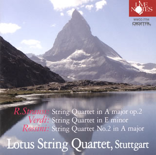 名にし負うオペラ作家、しかもおよそ対極と思しき作風の面々が手掛けた弦楽四重奏。音楽のムキは、内面の深みを志向するものではないが、ロータスQの緊密かつ生彩横溢の響きで3者の艶やかなエモーションの形がくっきりと立って、このジャンルにしてこの心持ち! という異色の面白さをもたらす。慧眼。(中)【品番】　WWCC-7754【JAN】　4988071010776【発売日】　2014年05月25日【収録内容】(1)弦楽四重奏曲イ長調op.2(R.シュトラウス)(2)弦楽四重奏曲ホ短調(ヴェルディ)(3)弦楽四重奏曲第2番イ長調(ロッシーニ)【関連キーワード】ロータス・カルテット|ロータス・カルテット|R・シュトラウス・ゲンガク・シジュウソウキョク・イチョウチョウ|ゲンガク・シジュウソウキョク・イチョウチョウ・OP0002|ゲンガク・シジュウソウキョク・ホタンチョウ|ゲンガク・シジュウソウキョク・ダイ2バン・イチョウチョウ