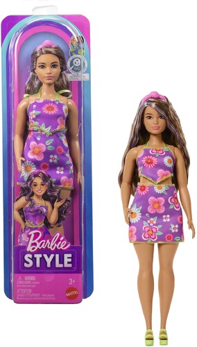 Barbie Fashionistas Doll #244 With Floral Halter Dress, Purple-Streaked Brown Hair(バービー )