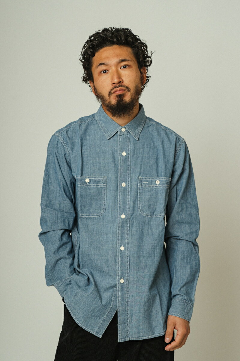 BIGMIKE M - XL 3色 シャンブレーシャツ 三本針 猫眼ボタン キャッツアイ 大きめ ゆったり カジュアル 大人 ワークシャツ 定番 忠実再現 シャ...