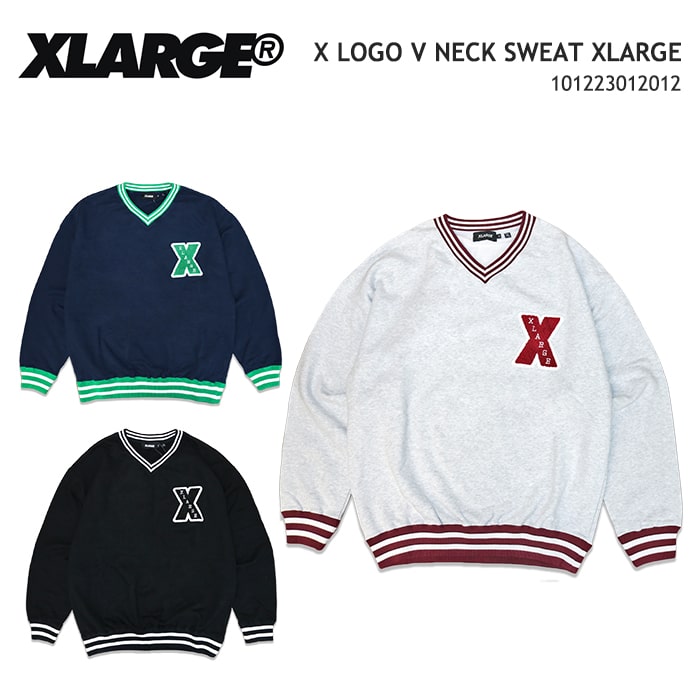 楽天610アメリカ屋XLARGE エクストララージ X LOGO V NECK SWEAT ロゴ Vネック スウェット 長袖 トレーナー クルーネック 重ね着 ゆったり オーバーサイズ 刺繍 リブ 裏パイル 裏毛 吸水性 保温性 人気 トレンド ブラック ネイビー アッシュ 101223012012 春 秋 冬 送料無料 39ショップ