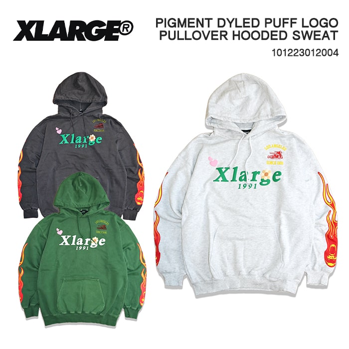 エクストララージ パーカー メンズ XLARGE PIGMENT DYLED PUFF LOGO PULLOVER HOODED SWEAT エクストララージ ピグメントダイ パフロゴ プルオーバー フーディー スウェット 刺繍 裏毛 古着風 Y2K アームプリント ファイヤーパターン 発泡プリント アッシュグレー 101223012004