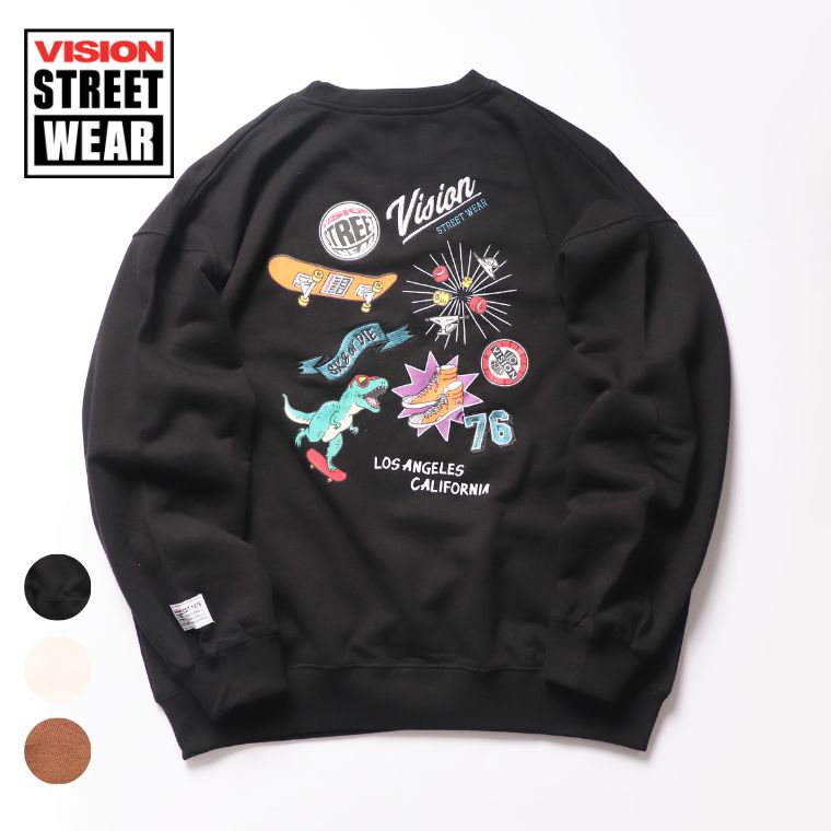 ヴィジョンストリートウェア トレーナー メンズ VISION STREET WEAR マルチイラスト トレーナー 長袖 袖リブ ストリート スケーター ビジョン ヴィジョン ブラック ホワイト グレー 3905029101