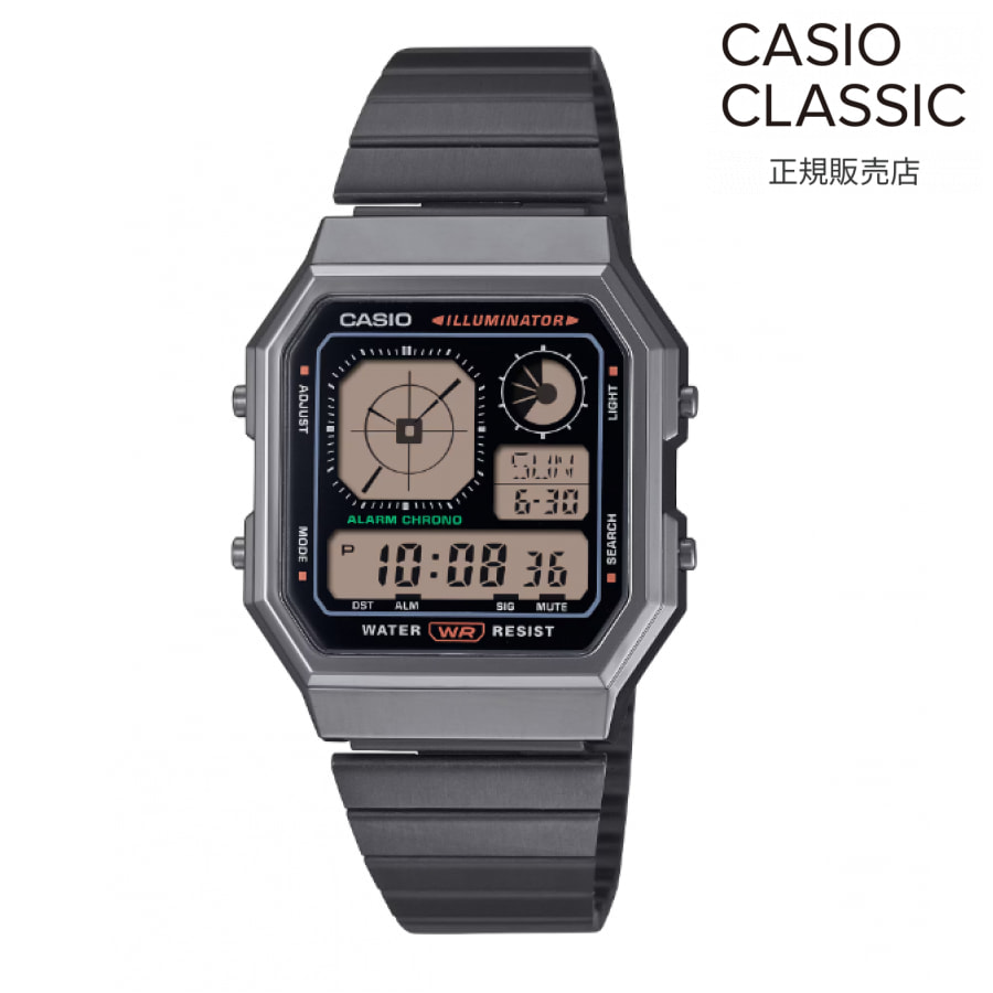 カシオの伝統的なデジタルデザインに、深みのあるグレー（ガンメタリック）のIP処理を施した、非常にクールな佇まいのモデルです。 ＜BR＞液晶画面も反転液晶を採用することで、全体のトーンをダークに統一。＜BR＞シックで都会的な印象を放ち、カジュアルなスタイルはもちろん、セットアップなどの上品な着こなしにも違和感なく馴染みます。＜BR＞ 小ぶりで薄型のケースは男女問わず使いやすく、毎日のコーディネートを格上げしてくれるアイテムです。機能: デジタル日付: 日付ありサイズ: 40.5mm素材: 樹脂防水: 日常生活ベルト: ブレスレット注意書き：モニター発色の具合により、実物とは色合いが異なる場合がございます。実店舗でも販売しているため、ご注文後でも欠品の場合がございます。万が一の場合はご了承お願い致します。