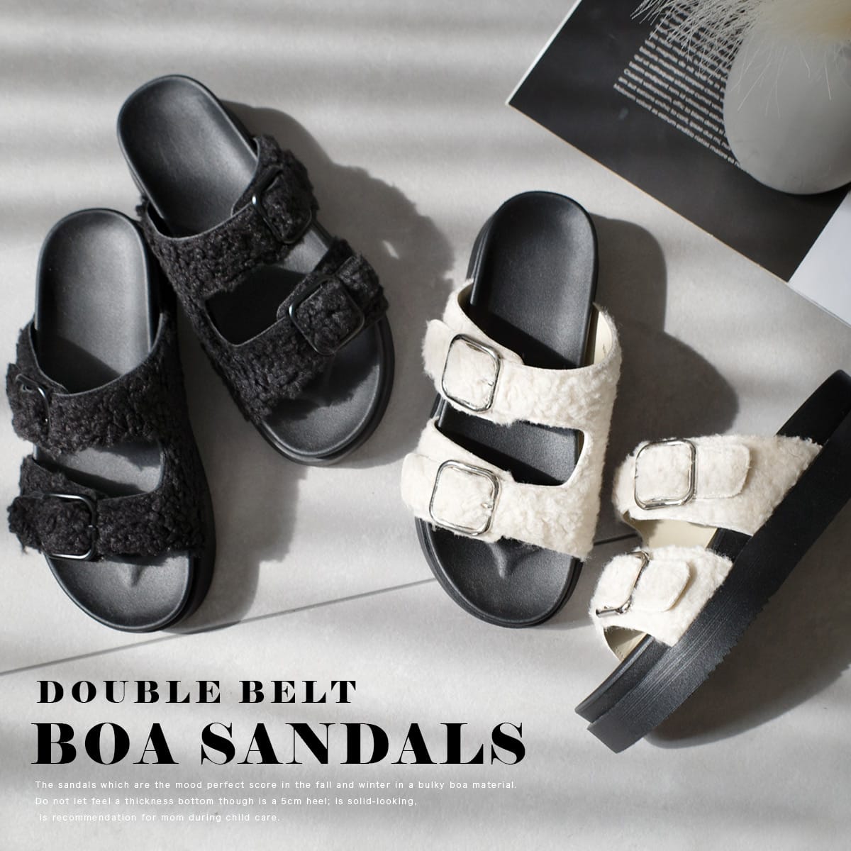 クーポンあり◆サンダル 歩きやすい 痛くない ダブルベルト 厚底 ボア ファー バックル 5センチヒール 美脚 レディース 快適 滑らない ブラック ホワイト 22.5 25.0 秋冬 疲れない コンフォート モノトーン 大きいサイズ プラットフォーム
