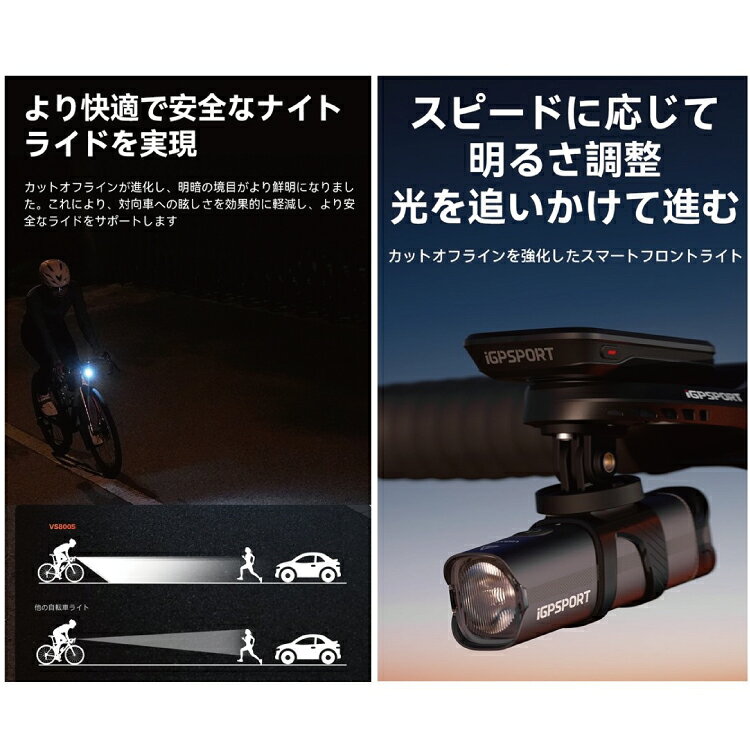 自転車アクセサリーの AmicalのiGPSPORT スマートフロントライト VS800S 800ルーメン USB充電式 高輝度ライトソフトカットライン機能 明るさ自動調整｜アングル3