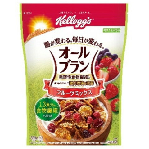 【常温】 食物繊維たっぷりの小麦ブランのシリアルです。 ざくざく食感の食べやすいフレークに発酵性食物繊維を豊富に含むファイバースティックをプラス。3種のドライフルーツ入り。 ※在庫以上の数量をご希望の場合は、お手数ですがご注文前に弊社までお電話にてご連絡頂きたくお願い申し上げます。 名称ケロッグ　オールブラン フルーツミックス徳用　380g商品番号x57095097006製造者日本ケロッグ 群馬県高崎市台新田町250販売単位袋保存方法常温賞味期限パッケージに記載規格（内容量）380g最終加工地日本(主原産地は異なる場合がございます。)ケース入数12袋調理方法牛乳やヨーグルトとの相性はもちろん、アイスやサラダのトッピングとしてもお召し上がり頂けます。原材料精米(アメリカ、タイ)、全粒小麦、砂糖、小麦ブラン、ドライフルーツ(クランベリー、砂糖、レーズン、イチゴ、植物油脂)、ファイバースティック(小麦ブラン、砂糖、麦芽エキス、食塩)、ぶどう糖果糖液糖、水溶性食物繊維、麦芽エキス、食塩、糖蜜／グリセリン、香料、加工デンプン、ビタミンC、鉄、ナイアシン、ビタミンB2、ビタミンB1、ビタミンA、ビタミンDアレルギー小麦添加物表示グリセリン、香料、加工デンプン、ビタミンC、鉄、ナイアシン、ビタミンB2、ビタミンB1、ビタミンA、ビタミンD※ご注意【免責】アミカネットショップでは、最新の商品情報をサイト上に表示するよう努めておりますが、メーカーの都合等により、商品規格・仕様（容量、パッケージ、原材料、原産国等）が変更される場合がございます。このため、実際にお届けする商品とサイト上の表記が異なる場合がございますので、ご使用前には必ずお届けした商品の商品ラベルや注意書きをご確認ください。さらに詳細な商品情報が必要な場合は、メーカー等にお問い合わせください。画像はイメージとなります。実際にお届けする商品とパッケージ等が異なる場合がございますので、予めご了承ください。