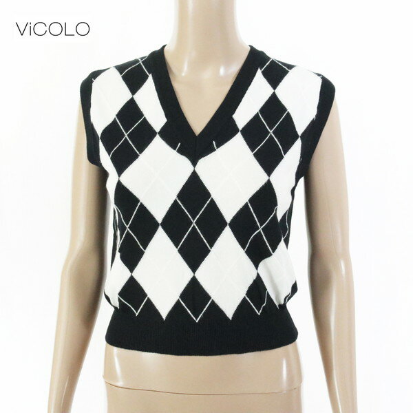 75%OFF 新品 ヴィコロ ViCOLO ニット TU EKN786 S Mサイズ ブラック ホワイト レディース ベスト ノースリーブニット アーガイル柄 イタリア製