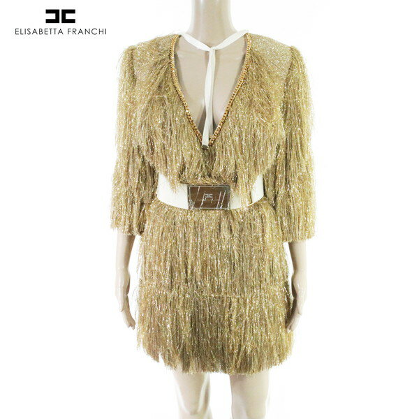 Rakuten - 80%OFF 新品 エリザベッタフランキ ELISABETTA FRANCHI ワンピース 40 EOP1777 S Mサイズ ゴールド レディース フリンジワンピースドレス ベルト付き イタリア製