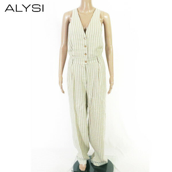 90%OFF 新品 アリジ ALYSI オールインワン 42 EOP1599 Lサイズ ライトグリーン他 レディース ノースリーブオールインワン リネン ストライプ柄 イタリア製（楽天・エーエムアイクローズ楽天市場店）