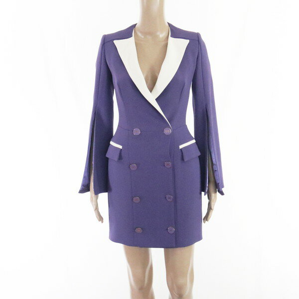 85%OFF 新品 エリザベッタフランキ ELISABETTA FRANCHI ワンピース 40 EOP1468 S Mサイズ パープル レディース 袖付きワンピース 襟付き ダブル イタリア製