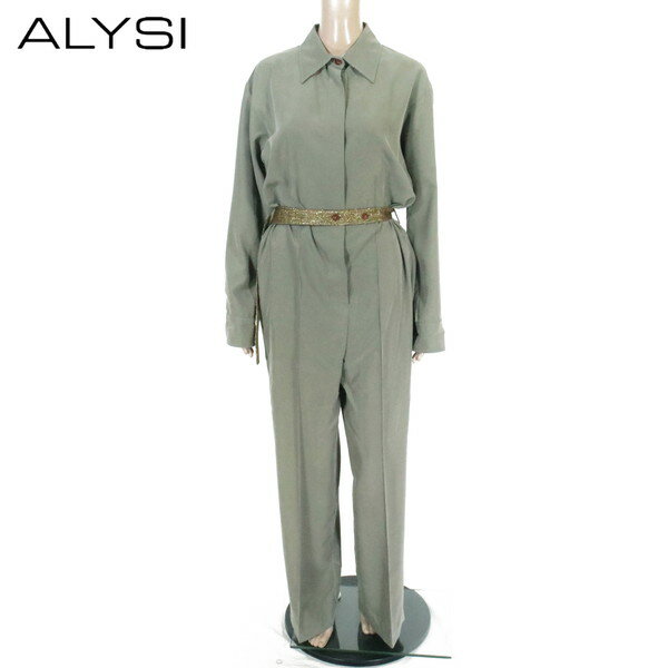 85%OFF 新品 アリジ ALYSI オールインワン 42 EOP1554 Lサイズ グリーングレー レディース シャツスタイルオールインワン ベルト付き イタリア製