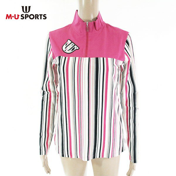 商品説明 生産国 日本 サイズ 42(日本サイズでLサイズ相当) 素材 コットン100% カラー ピンク(画像にてご確認ください) 採寸 肩幅：38cm(直線) 袖丈：60cm 着丈：62cm 胸周り：84cm(脇下) 胴周り：82cm コメント 新品正規品、MU SPORTS(エムユースポーツ)のトップスです。 日本製コットン100%素材の長袖トップス。 明るい印象のストライプ柄にジップアップスタイルのモックネックラインのお品になります。 表題にもありますように、訳あり商品になります。 前中央裾部辺りに穴あき箇所がございます。 激安価格での販売になりますので、ご了承の上ご購入くださいませ。 注意事項 商品の色、素材感を実際のものに近づけるように 努めておりますが、撮影状況によりカラーが 写真と若干の誤差が生じる場合がございます。 予めご了承下さい。 メーカー希望小売価格はメーカー商品タグに基づいて掲載しています「M・U SPORTS」は、ゴルフを楽しむ女性の「可愛い！」を詰め込んだ日本生まれのブランド。キャラクターである、キャバリアのMelu（メルー）とフレンチブルドッグのUmo（アーモ）の頭文字をとって「M・U SPORTS」と呼ばれています。このキュートなキャラクター達が「世界中を旅し、新しいテーマを発信する！」というコンセプトをもとに、ラウンドはもちろん、そのまま街に出かけたくなるようなラインナップを展開。遠目からでも目を引く大きな花柄のキャディバッグや、個性的なデザインのゴルフウェアなど、デザイン性の高さが魅力です。他の人とはかぶらない個性を発揮しながら、おしゃれにゴルフを楽しみたい女性に必見のブランドです。
