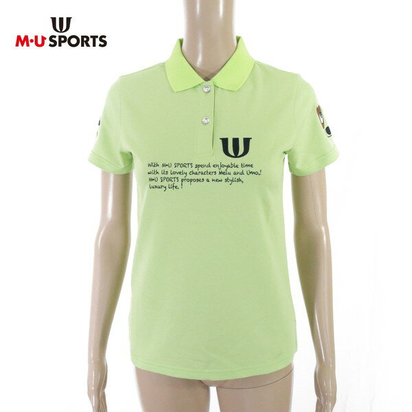 サンプル品 新品 MU SPORTS エムユースポーツ ポロシャツ 40 LCS1592 Mサイズ 黄緑色 レディース カットソー 半袖 プリント 刺しゅう ストレッチ 鹿の子 ゴルフウェア スポーツ 日本製 701C1008
