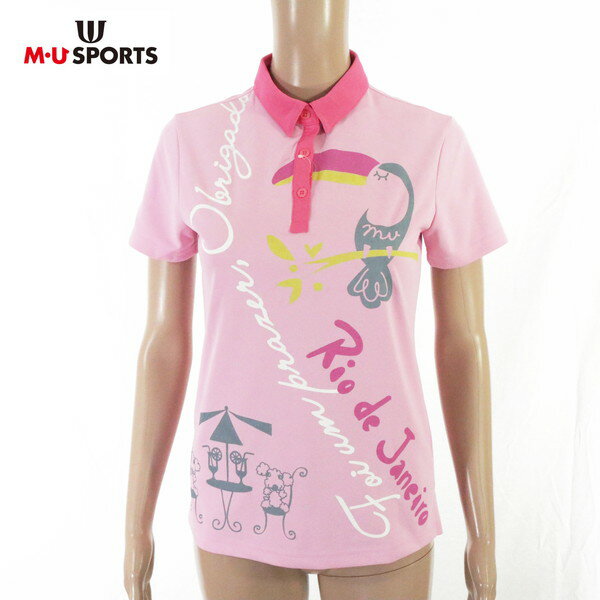 サンプル品 新品 MU SPORTS エムユースポーツ ポロシャツ 40 LCS1595 Mサイズ ピンク レディース カットソー 半袖 プリント 刺繍 ストレッチ ゴルフウェア スポーツ 日本製