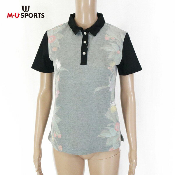 サンプル品 新品 MU SPORTS エムユースポーツ ポロシャツ 40 LCS1694 Mサイズ グレー レディース カットソー 半袖 プリント ゴルフウェア スポーツ 日本製