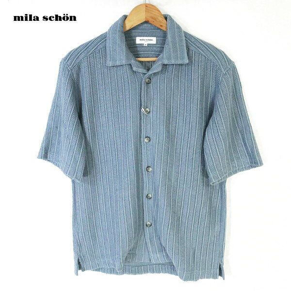 65%OFF 訳あり 新品 ミラショーン mila schon ニット 46 MKN1176 M Lサイズ ブルー メンズ 半袖ニット トップスリネン×コットン 日本製