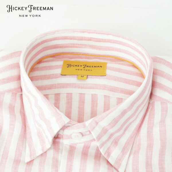 80%OFF 新品 ヒッキーフリーマン Hickey Freeman シャツ M MSH1848 Mサイズ ピンク×ホワイト メンズ 半袖 麻100% ストライプ カジュアル 日本製 春夏 789-415