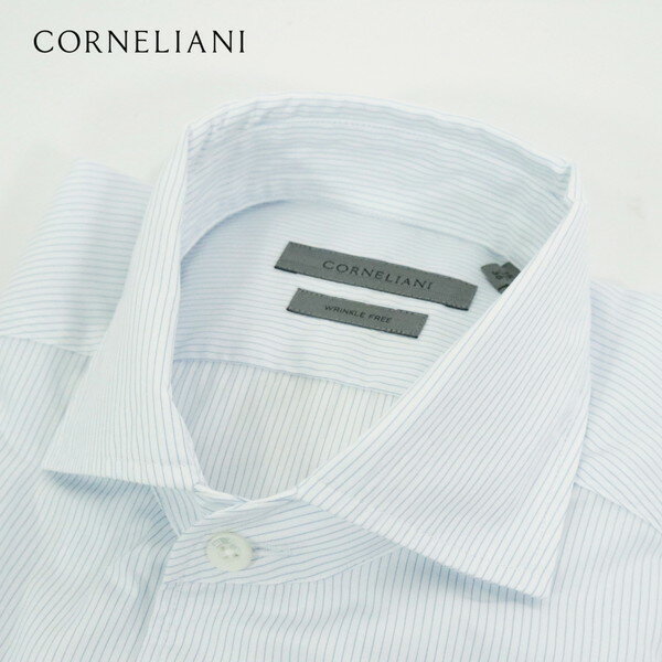 80%OFF 訳あり 新品 コルネリアーニ CORNELIANI シャツ 38 MSH1877 Mサイズ ホワイト×ブルー メンズ ドレスシャツ ビジネスシャツ コットン100% ストライプ柄 半袖 春夏