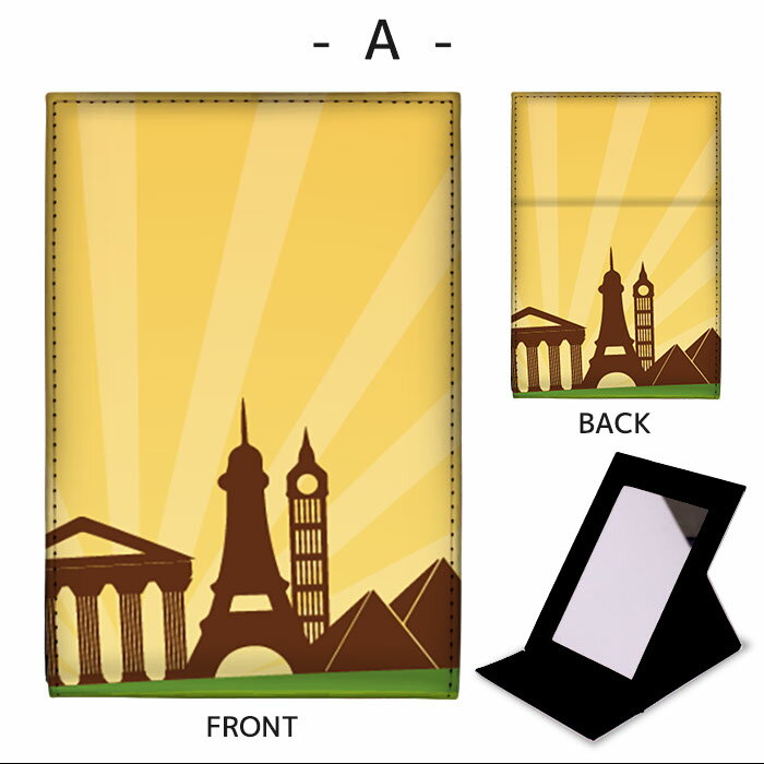 amicoco（アミココ） スマホケースの折りたたみ ミラー 卓上ミラー 鏡 メイク直し 手鏡 コンパクトミラー オリジナルデザイン 化粧鏡 お洒落 スタンドミラー 置き鏡 レザー トレンド ギリシャ パリ ロンドン｜アングル2