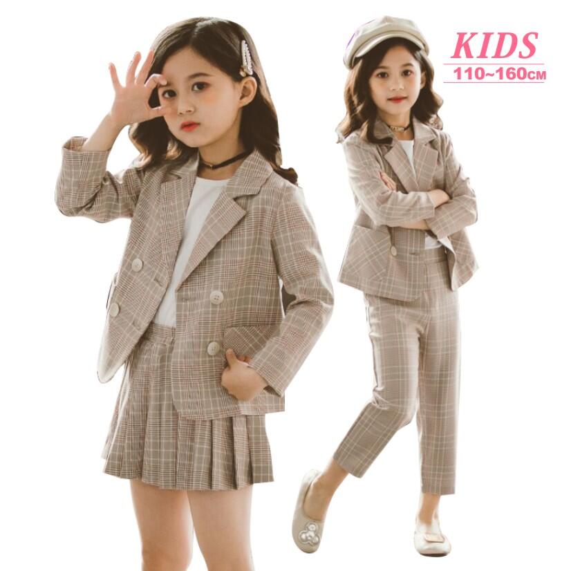 チェック柄ジャケット スカート 9分丈パンツ 上下2点セット シンプル フォーマル 入学式 子供服 お受験 面接 説明会 発表会 七五三 セットアップ 誕生日 ...