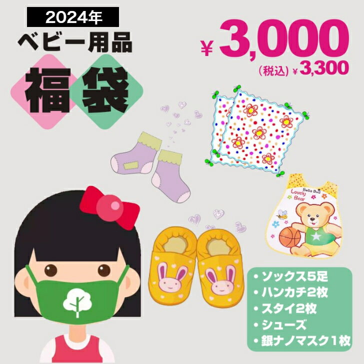 【2024福袋】【予約商品】送料無料 数量限定 2024年 キッズ 男の子 女の子 ネタバレ ハンカチ2枚 スタイ2枚 ソックス5足セット シューズ Sサイズ 銀ナノマスク1枚 お得な5点セット P666-3000-BABY SGW