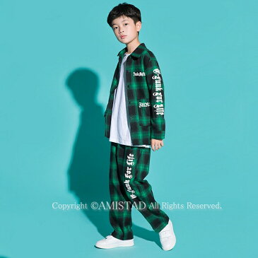 上下セット グリーン ダンス 衣装 キッズ ダンス衣装 ヒップホップ キッズダンス衣装 韓国 チェック柄 キッズダンス かっこいい 男の子 ガールズ 女の子 ダンスウェア ズボン パンツ セットアップ 男女兼用 hiphop 演出服 長袖 オシャレ