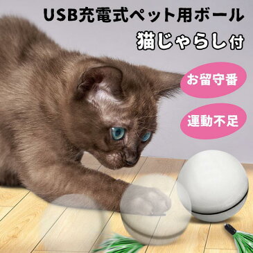 【送料無料】【猫じゃらし付】 ネコ おもちゃにゃんだろー光線 あそび道具 じゃれぐるみ 猫のおもちゃ 猫用 犬用 電動 動く ボール ひとり遊び ペット用 USB充電 式 ペット用ボール 自動 直径7cm 留守番 運動不足 ストレス発散 不安分離症 お留守番 シンプル ホワイト 白