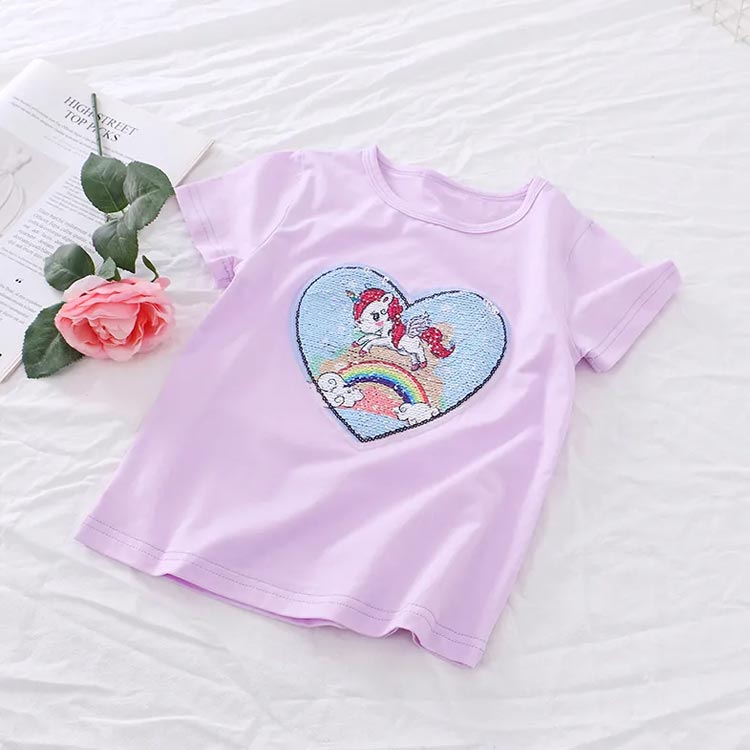 スパンコール 半袖Tシャツ 女の子 送料無料 半袖カットソー トップス キッズ 子供服 女の子 ユニコーン 無地 春 夏 ダンス衣装 韓国子供服 通園 通学 プレゼント 100cm 110cm 120cm 130cm 140cm