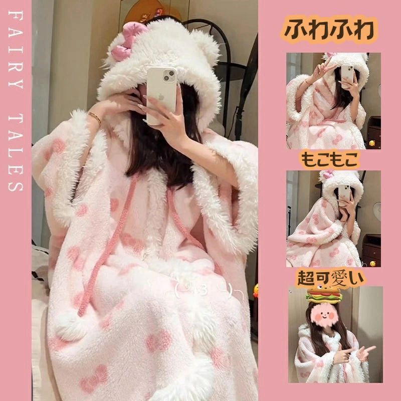 Rakuten - 着ぐるみ パジャマ クマ 可愛い ピンクリボン猫パジャマ もこもこ ルームウェア 着る毛布 動物 冬用 パジャマ ワンピース 上下セット 長袖 前開き ペアパジャマ プレゼント ペア部屋着 女の子学生高校生 修学旅行上下 セット 春 かわいい