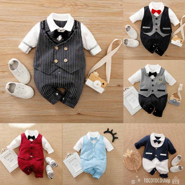 セットアップ風フォーマルロンパース セレモニードレス フォーマル セレモニー スーツ セットアップ ロンパース 蝶ネクタイ 男の子 ベビー 新生児 無地 ストラ...