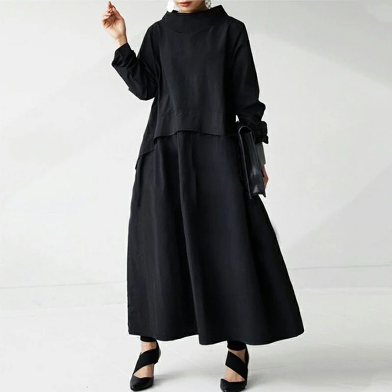 Rakuten - ワンピース レディース 秋 冬 長袖 無地 立ち襟 ゆったり ひざ丈 Aライン ロングワンピース プルオーバー シャツ ワンピース 着痩せ 通勤 ナチュラル シンプル ルームワンピ 部屋着 カジュアル