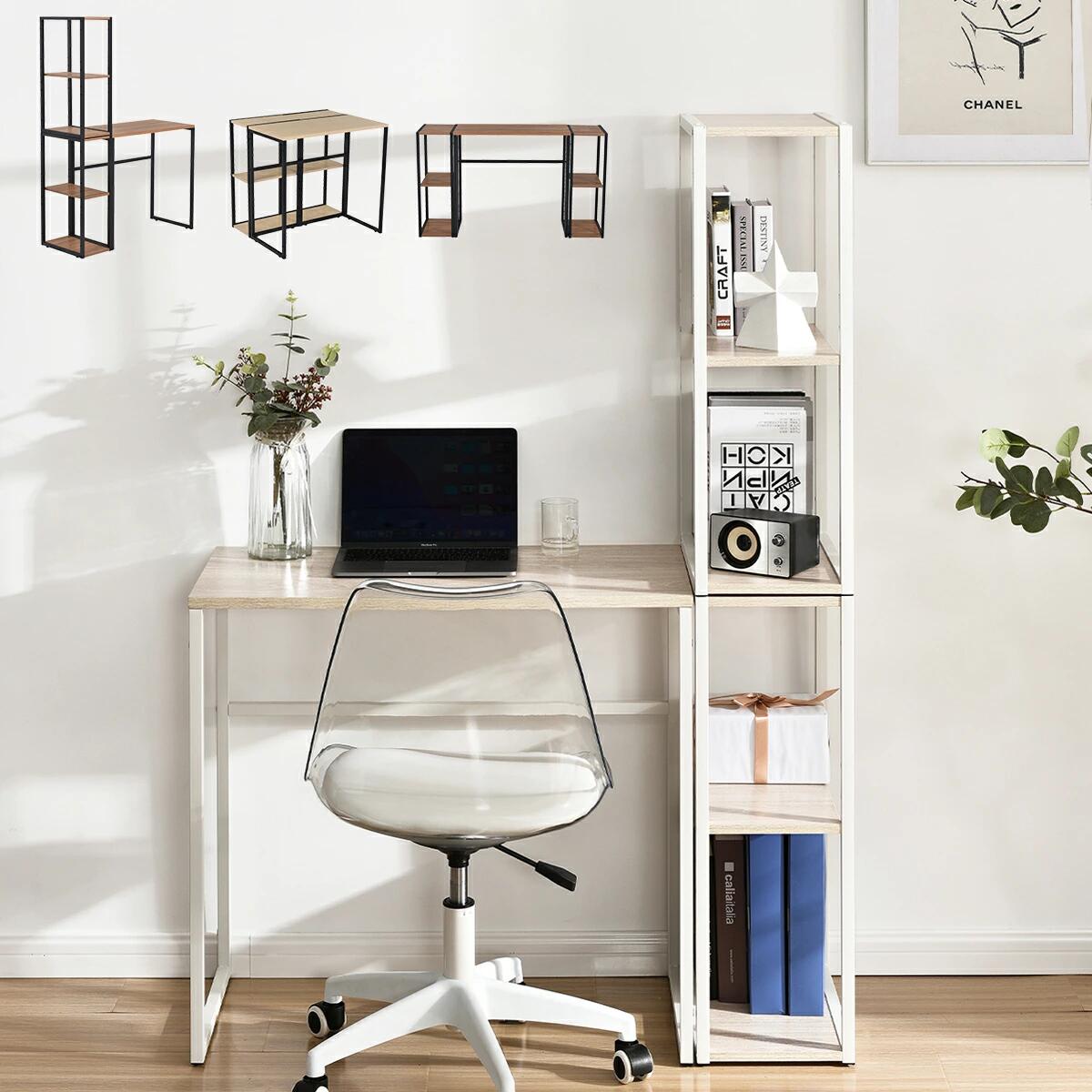 パソコンデスク 収納ラック付きデスク 3段シェルフ付 パソコンデスク 収納付 座デスク 机 おしゃれ ワ..