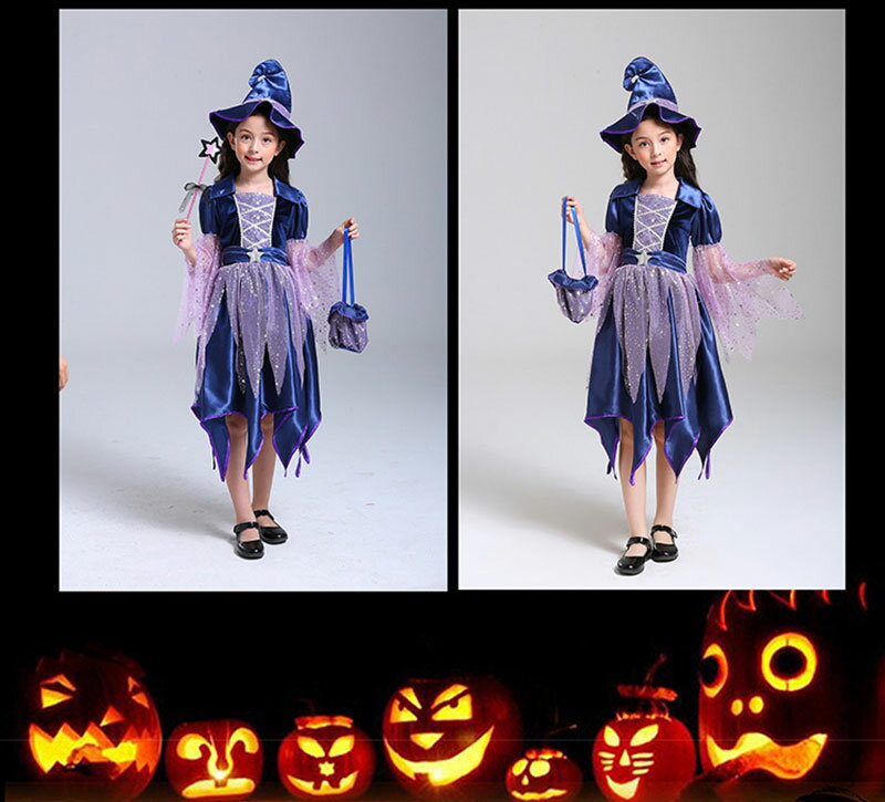 ハロウィン 魔女っ子 魔女 四点セット クリスマス コスチューム コスプレ こすぷれ ワンピース ハット キャンディーバック スティック棒 帽子 女の子 子供 キッズ服装 仮装服装 可愛い きれい 舞台服 子供服 送料無料