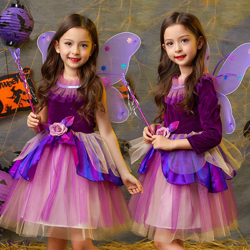 Rakuten - 【4点セット】 ハロウィン 女の子 衣装 魔女 子供 コスプレ 仮装 ワンピース 半袖 長袖 子供 女の子 妖精 カチューシャ 棒 つばさ 姫系 パーティー 羽付き 仮装 キッズ 変装 魔法使い キッズ 子どもドレス 女の子 悪魔 cosplay コスチューム 子供 ワンピ 精霊 送料無料