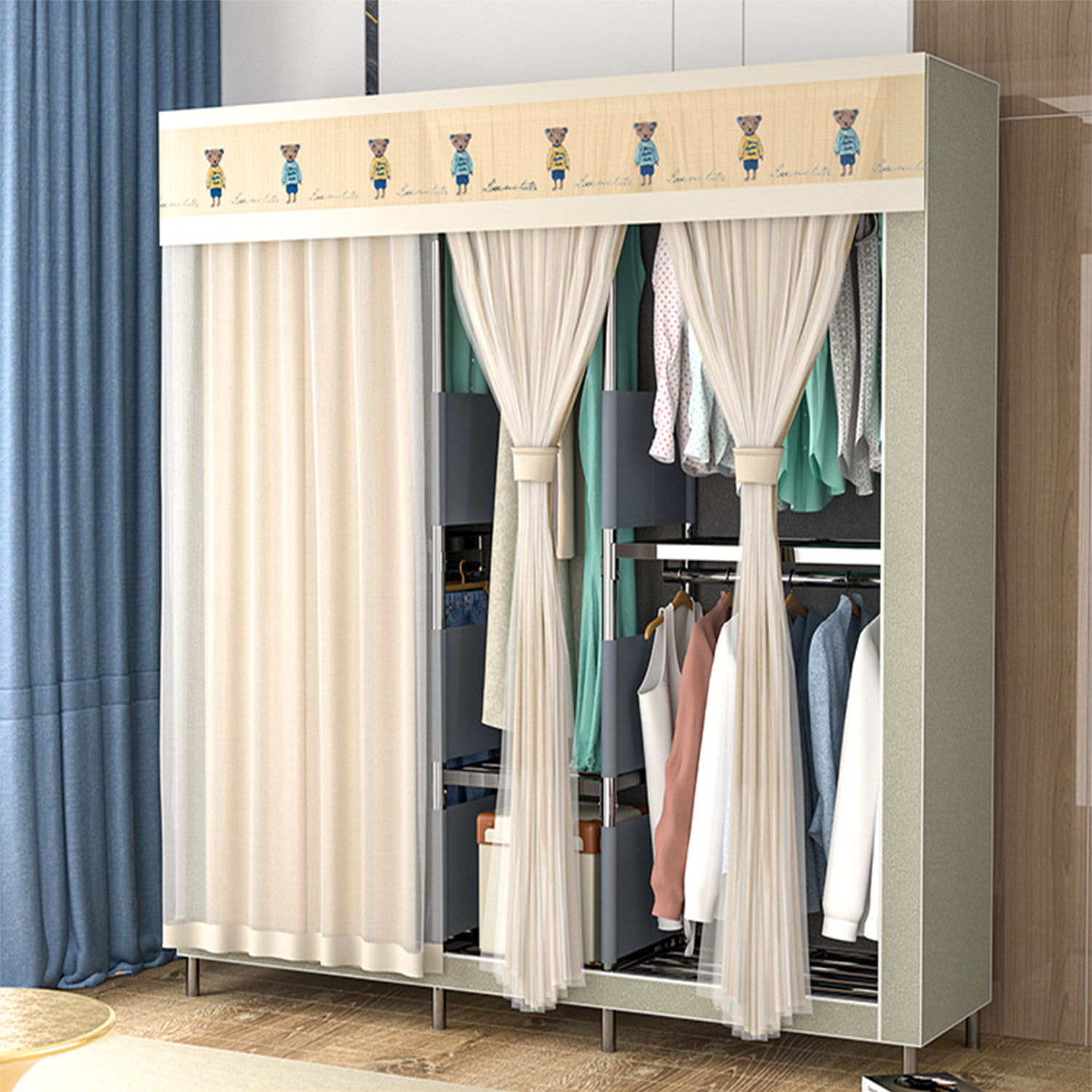 ワードローブ カバー付き テンレス鋼 組み立て式 大容量 収納 クローゼット 不織布 ハンガーラック 衣類収納 防塵 防汚 強力な耐荷重 幅100-235×奥行50×高さ210cm