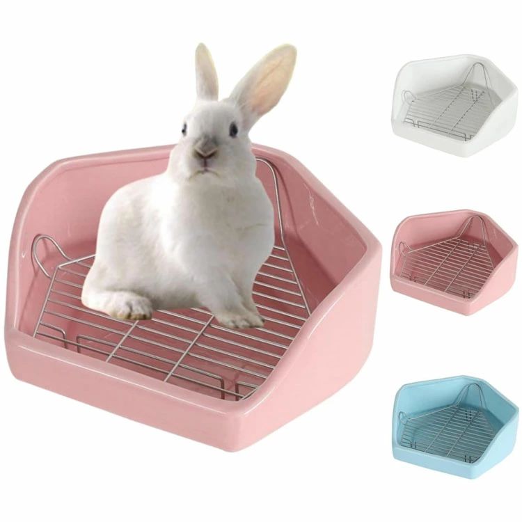 小動物用 陶器トイレ 飼育ケージ内装 うさぎトイレ 消臭 うさぎ用 噛み防止 金網スノコ付き うさぎのトイレ チンチラ用ト小動物用 トイレトレーニングに最適 チンチラ用陶器トワレ かわいい 三角