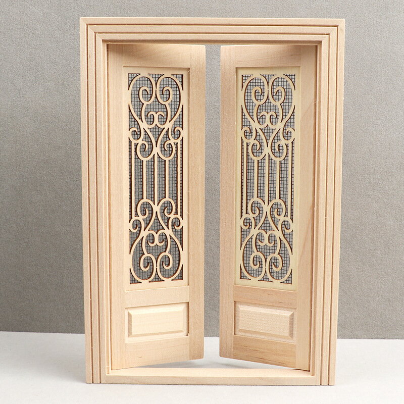 90000027 ドールハウス ミニチュア 家具 木製ドア 両開きドア 窓 1:12スケール 優れた品質 ドールハウス装飾 軽量持ち運び可能 木製素材 アクセサリー