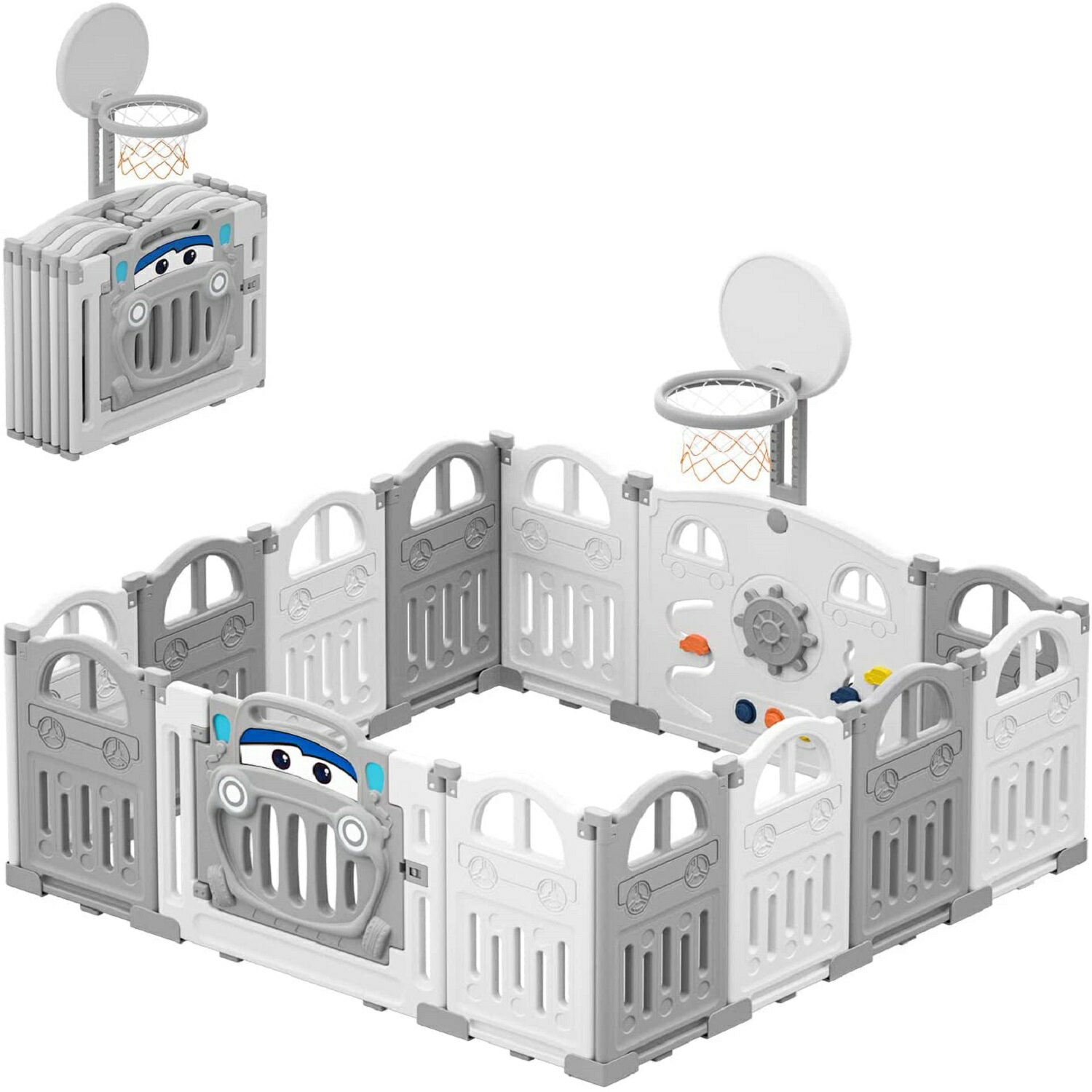 UBRAVOO 「Gray ベビーサークル 14枚セット」 キッズランド グレー おもちゃパネル 折りたたみ バスケット ベビーゲード 赤ちゃん 子供用 北欧 室内遊具 収納便利 組立簡単 扉ロック すべり止め 出産祝い HDPE製のサムネイル