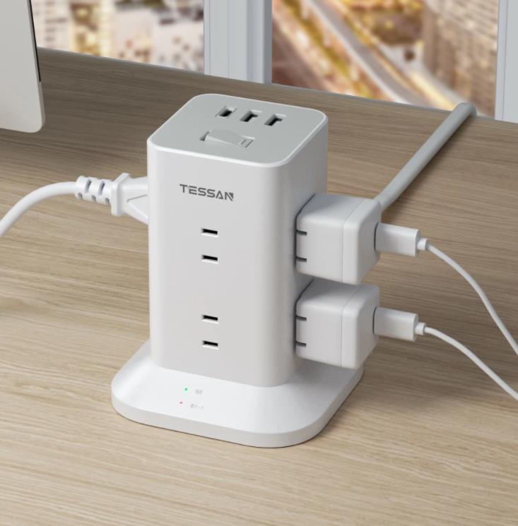 延長コード　コンセント　 2M　3M 電源タップ　一台11役のタワー型電源タップ　 タワー Type-C付 8個AC口 1個USB-Cポート 2個USB-Aポート TESSAN USB コンセント テーブルタップ 雷ガード usb-c付き たこ足配線 過負荷保護 mini型 180°スイングプラグ