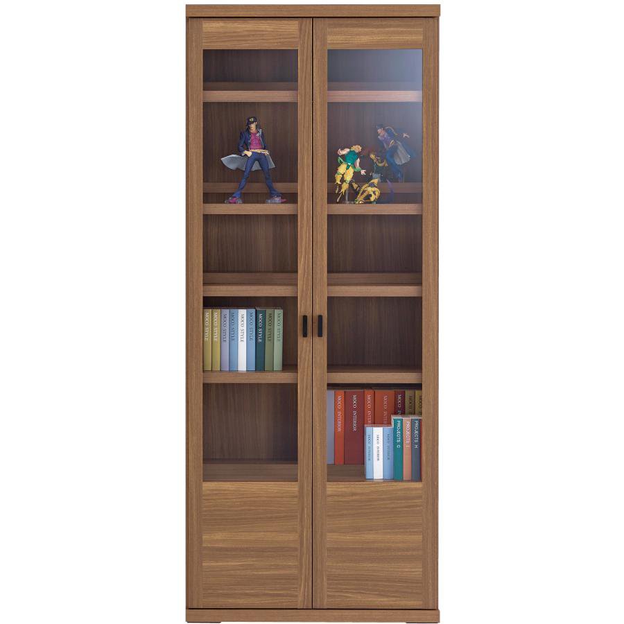 ガラス扉付きツイン棚板本棚 コミックシェルフ 幅75cm高さ180cm リアルウォールナット 書棚 収納棚 ラック 飾り棚 完成品 日本製